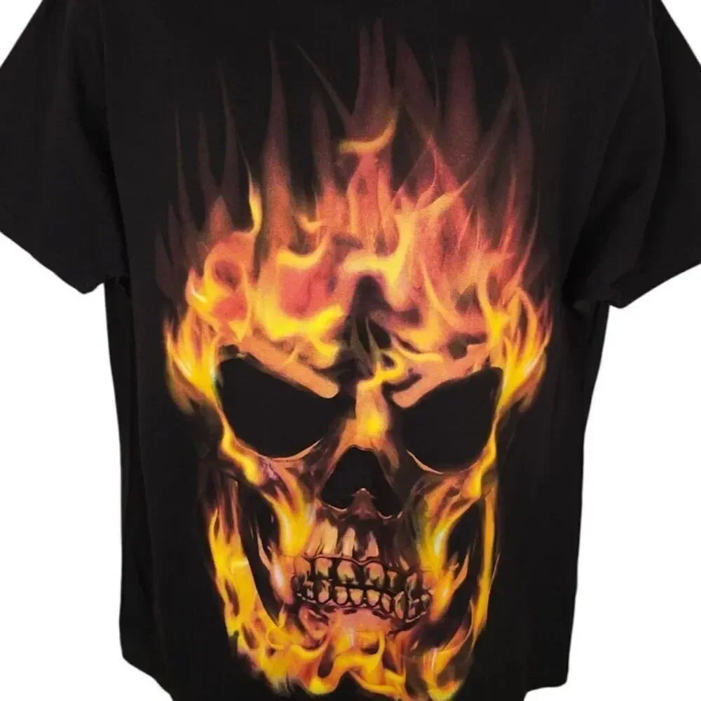 Flaming Skull T Shirt Mens Size Large Black Halloween Fire Skeleton